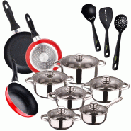 San Ignacio - Batterie de Cuisine Cassel 12 pièces en Acier Inoxydable avec 3 Poêles Navy Red Ø16/20/24 cm et Set de 3 Ustensiles de Cuisine - PK11089