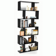 COSTWAY Étagère bois, 6 niveaux, plantes/livres, mur, forme S, bureau (noir) - noir multi-matériau ON32566PW