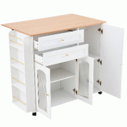 Merax îlot de cuisine mobile, plan de travail rabattable, desserte de cuisine sur roulettes, 2 tiroirs, portes vitrées et étagère latérale - blan Merax îlot de cuisine mobile, plan de travail rabattable, desserte de cuisine sur roulettes, 2 tiroirs, portes vitrées et étagère latérale - blan