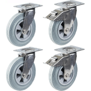 Roulette 200mm 8" en acier inoxydable caoutchouc gris, pivotante et avec frein, 820kg, jeu de 4 Roulette 200mm 8" en acier inoxydable caoutchouc gris, pivotante et avec frein, 820kg, jeu de 4