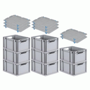 PROREGAL 8x Bac Euro NextGen Economy avec couvercle d'appui et 4 fermetures à glissière bleues poignées ouvertes 22x30x40cm 20L - noir plastique RM