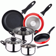 San Ignacio - Batterie de cuisine Toledo : 3 casseroles avec couvercles et 3 poêles Ø16/20/24cm en acier inoxydable/aluminium pressé - multi-matér
