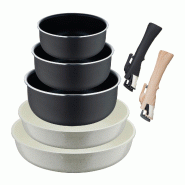BERGNER Click&Cook - Ensemble de 2 poêles Ø22/26cm aluminium moulé avec 3 casseroles Heat Dot Ø16/18/20cm aluminium embouti et 2 poignées amovibl