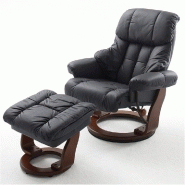 FAUTEUIL RELAX CLAIRAC ASSISE EN CUIR NOIR PIED EN BOIS NOYER AVEC REPOSE PIED