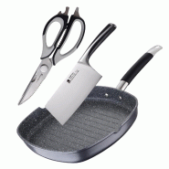 Masterpro - Ensemble poêle grill 28x28x4,5 cm en aluminium forgé, couteau machette 17,5 cm et ciseaux 23 cm en acier inoxydable - PK9031