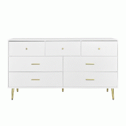 Merax Buffet blanc, 7 tiroirs, poignées dorées, pieds dorés, coulisses de tiroirs lisses, 140*35*76 cm - blanc multi-matériau 321313314AAW
