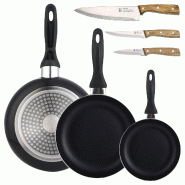 BERGNER - Set de 3 poêles 16/20/24 en aluminium pressé coloris noir avec set de 3 couteaux en acier inoxydable - PK9943