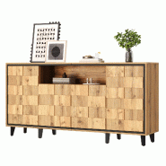 Merax Buffet 160 x 35 x 76 cm avec 4 portes, compartiment central ouvert, façade structurée et aspect sans poignée, aspect bois naturel - multi-mat
