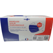 50 Masques adultes médicaux CE jetables type 2R - bleu ou noir, Fabriqués en France - MSK3PNR-PE01_0