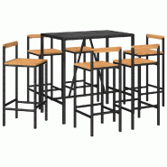 Helloshop26 - Ensemble de bar de jardin meuble extérieur terrasse 7 pièces noir poly rotin/bois massif acacia - 3000735221388