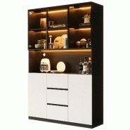 Merax Vitrine LED 120 x 40 x 200 cm, verre trempé, étagères ouvertes, 3 tiroirs, blanc/noir - multicolore multi-matériau N880P42803789B