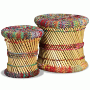 Décoshop26 - Lot de 2 tabourets assise poufs avec détails chindi en bambou multicolore DEC026382 - Bambou 3000255785643