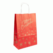 Sac papier rouge motif Merry Christmas 26+14x32cm - par 250