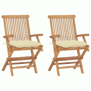 VidaXL Chaises De Jardin Lot De 2 Et Coussins Blanc Crème Teck Massif - beige Bois massif 3062504