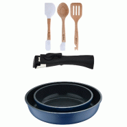 BERGNER - Jeu de 2 poêles Ø22/26cm en aluminium moulé bleu avec poignée amovible avec Set de 3 ustensiles en silicone et bois - PK9781