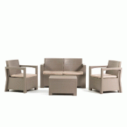 RATTATAN Lot de salon de jardin 4 places avec canapé, fauteuils, table basse de rangement et coussins en résine effet bois pour jardin, terrasse - L