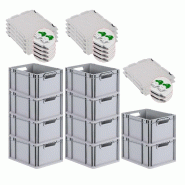 PROREGAL 10x Bac Euro NextGen Economy couvercle à charnières, fermetures à glissière vertes, poignées ouvertes, 22x30x40cm, 20L - noir plastique PROREGAL 10x Bac Euro NextGen Economy couvercle à charnières, fermetures à glissière vertes, poignées ouvertes, 22x30x40cm, 20L - noir plastique