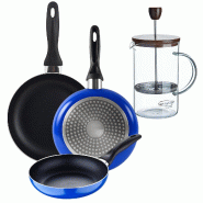BERGNER - Set de 3 Poêles Ø16/20/24cm en Aluminium Pressé Compatible Induction Blue Navy avec Cafetière à Piston en Verre Borosilicate 15,8×10×