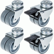 Roulette double 50mm 2" caoutchouc gris pivotante et frein capacité 280kg, jeu de 4 Roulette double 50mm 2" caoutchouc gris pivotante et frein capacité 280kg, jeu de 4