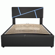 Merax Lit rembourré lit simple 90x200 cm, cuir artificiel (PU) noir, avec éclairage LED dans la tête de lit, sommier à lattes hydrauliques, lit av