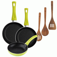 BERGNER - Ensemble de 3 poêles Ø20/Ø24/Ø28 cm en aluminium embouti Molen Vert avec ensemble de 3 ustensiles de cuisine en bois d’acacia - PK9376