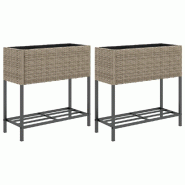 Helloshop26 - Jardinière bac lit surélevé plantes fleurs jardin terrasses avec étagère lot de 2 70 x 28 x 70 cm résine tressée gris 02_0038879