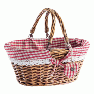 Panier ovale en osier avec tissu vichy rouge et anses mobiles - 35x28x30cm