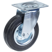 Roulette pivotante de 125 mm en caoutchouc noir sur roue centrale en acier embouti Roulette pivotante de 125 mm en caoutchouc noir sur roue centrale en acier embouti