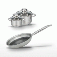 Batterie de cuisine avec 1 poêle 28 cm et 2 faitouts 12/16 cm en inox sans PFAS Elo Collection Relief Solution Brillant - gris 3176239941104_0