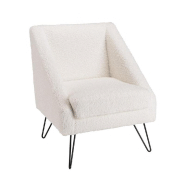 FAUTEUIL DESIGN GOTHY BLANC TISSU BOUCLETTE / PIEDS ÉPINGLES MÉTAL NOIR