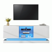 Meuble TV Merax blanc brillant – 1,6 m de longueur, étagère en verre réglable, espace de 70 pouces, rangement élégant avec charnières silencie