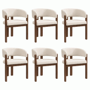 Merax lot de 6 chaises de salle à manger 60 x 51 x 80 cm, bois massif avec revêtement et accoudoirs bouclé beige, grand confort d'assise, coloris -