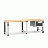Établi plateau bois L.2500 mm avec pieds réglables et bloc 3  tiroirs NOVALP