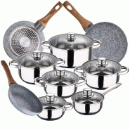 San Ignacio Cassel - Batterie de cuisine 14/14/16/18/20/24cm acier inoxydable avec lot de poêles 20/24/28cm en aluminium forgé compatibles induction