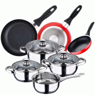 San Ignacio - Batterie de Cuisine Faro : 4 Marmites avec Couvercles et 3 Poêles Navy Red (Ø16/20/24 cm) en Acier Inoxydable/Aluminium Pressé - mult