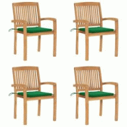 VidaXL Chaises De Jardin Empilables Avec Coussins Lot De 4 Teck Solide - vert 3073215 VidaXL Chaises De Jardin Empilables Avec Coussins Lot De 4 Teck Solide - vert 3073215