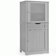 COSTWAY Armoire haute bain 170cm avec tiroir, étagères réglables et porte vitrée, bois, noir - noir Bois manufacturé VH32891SD