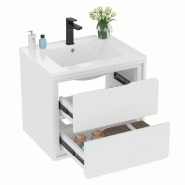 Merax lavabo 60×46×50cm – meuble de salle de bain mural, éclairage radar LED, 2 tiroirs, silencieux, vasque en céramique intégrée, blanc - bla