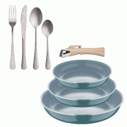 BERGNER - Lot de 3 poêles Ø18/20/24 cm en aluminium pressé recyclé vert avec poignée amovible et set de 16 couverts en acier inoxydable - PK9679