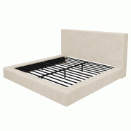 Merax Lit rembourré 180x200 cm, lit double avec sommier à lattes, cadre de lit tout autour, tête de lit et housse en chenille, beige - beige multi-