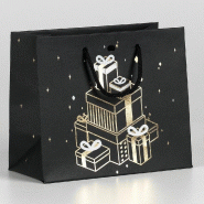 Sac luxe "Cadeaux or" noir poignées torsadées 35+13x33cm - par 12