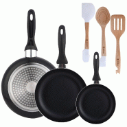 BERGNER - Set de 3 Poêles 16/20/24 en Aluminium Pressé Couleur Noire avec Set 3 Ustensiles en Silicone et Bois - PK9941