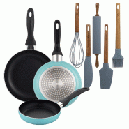 BERGNER - Set de 3 Poêles Ø16/20/24cm en Aluminium Pressé Bleu Mat avec Set de 5 Ustensiles de Cuisine en Silicone et Bois - PK9922