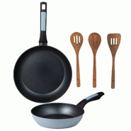 BERGNER - Jeu de 2 poêles Ø20/26 cm en aluminium pressé compatible induction avec jeu de 3 pièces d'ustensiles de cuisine en acacia - PK9511