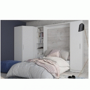 COMPOSITION ARMOIRE LIT ESCAMOTABLE SMART-V2 BLANC MAT COUCHAGE 160 X 200 CM  2 COLONNES RANGEMENTS + ANGLE