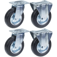 Roulette 125mm 5" à bandage caoutchouc, pivotante et fixe, forte capacité de 480kg, jeu de 4 Roulette 125mm 5" à bandage caoutchouc, pivotante et fixe, forte capacité de 480kg, jeu de 4