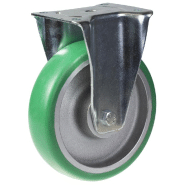 Roulette fixe de 200mm avec polyuréthane élastique convexe vert sur centre en fonte. Roulette fixe de 200mm avec polyuréthane élastique convexe vert sur centre en fonte.