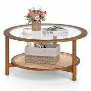 COSTWAY Table d'Appoint Ronde Ø90 cm, avec Verre et Étagère Ouverte en Rotin Synthétique, Noyer - marron Bois manufacturé VH35876IZ