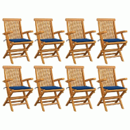 VidaXL Chaises De Jardin Avec Coussins Bleu Royal Lot De 8 Teck Massif - bleu 3072899