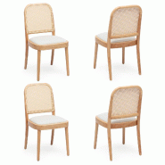 Merax Chaises de salle à manger, lot de 4, bois massif, dossier en rotin, assise en lin et charge 150 kg - multicolore Bois massif N634P448277N-4